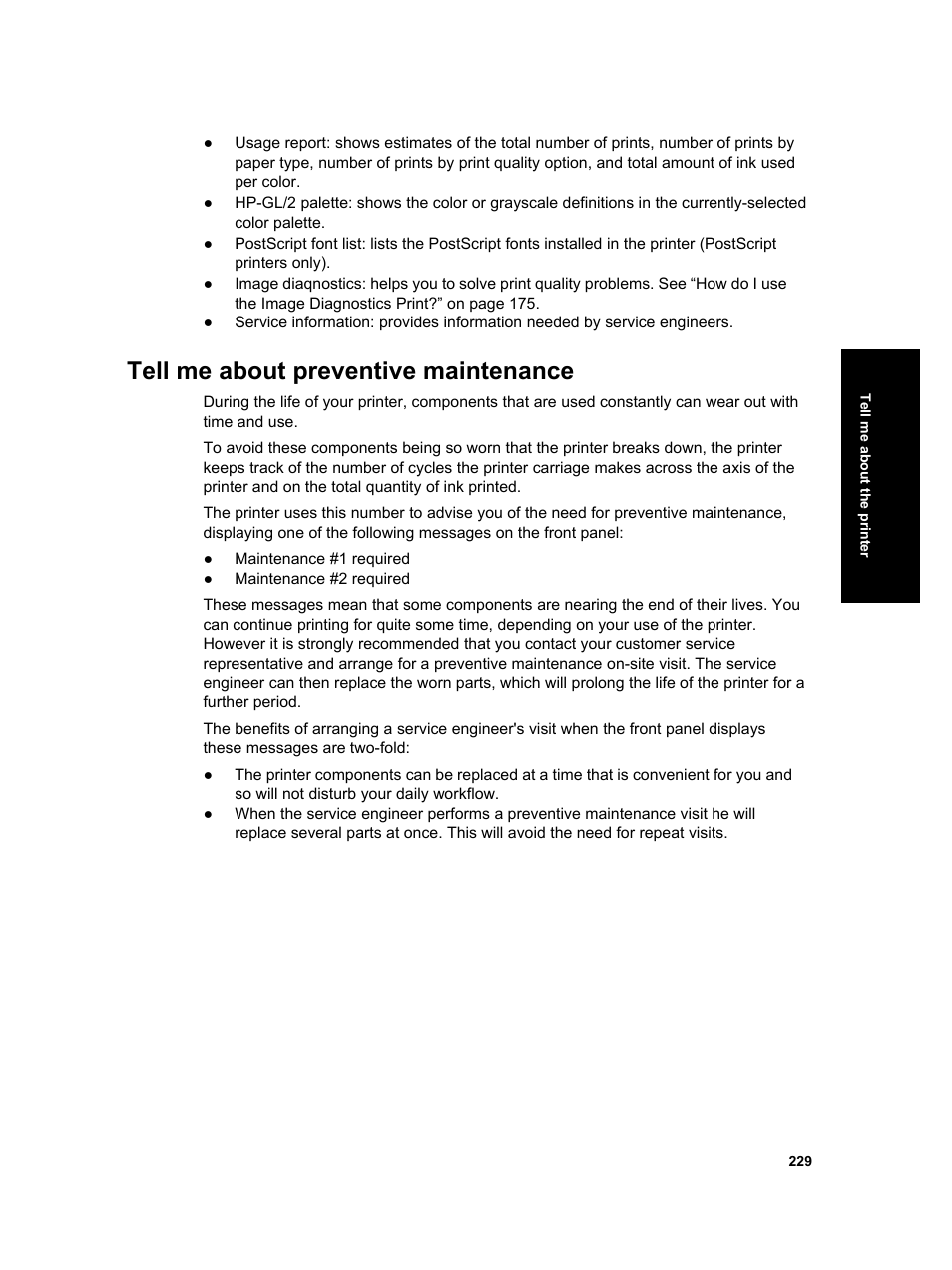 Tell me about preventive maintenance | HP Designjet 4000 Printer series User Manual | Page 231 / 268