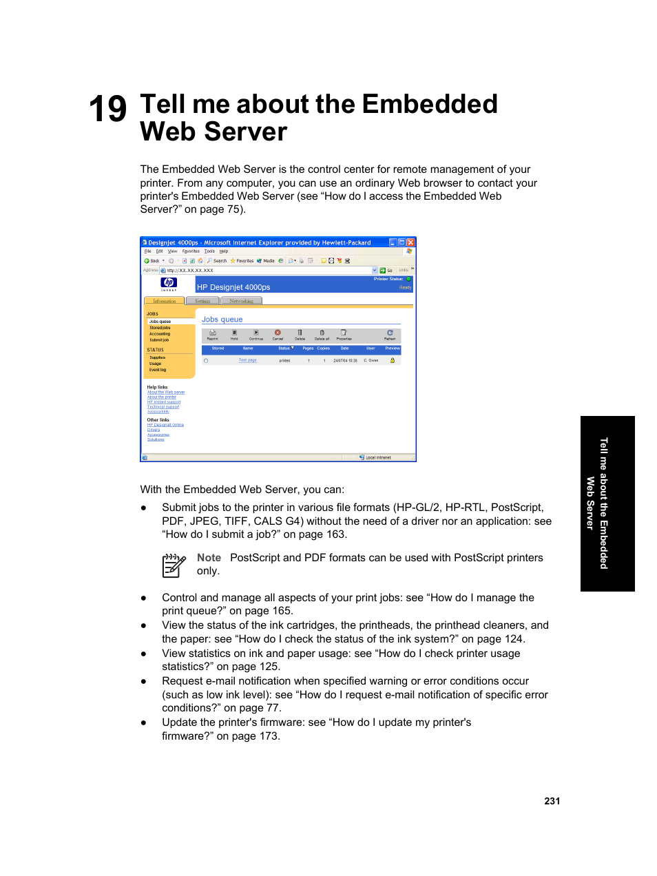 Tell me about the embedded web server | HP Designjet 4000 Printer series User Manual | Page 233 / 268