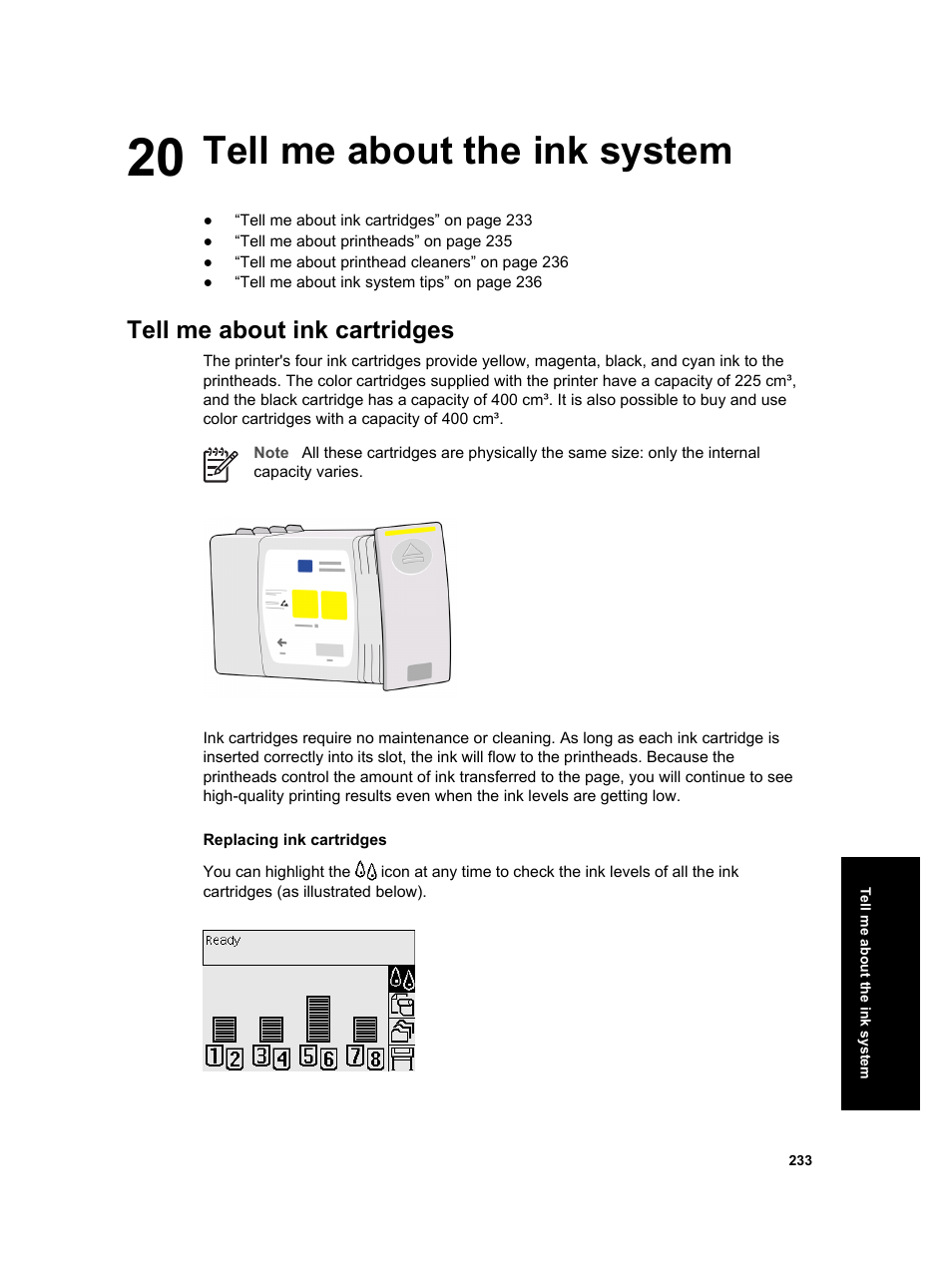 Tell me about the ink system, Tell me about ink cartridges | HP Designjet 4000 Printer series User Manual | Page 235 / 268