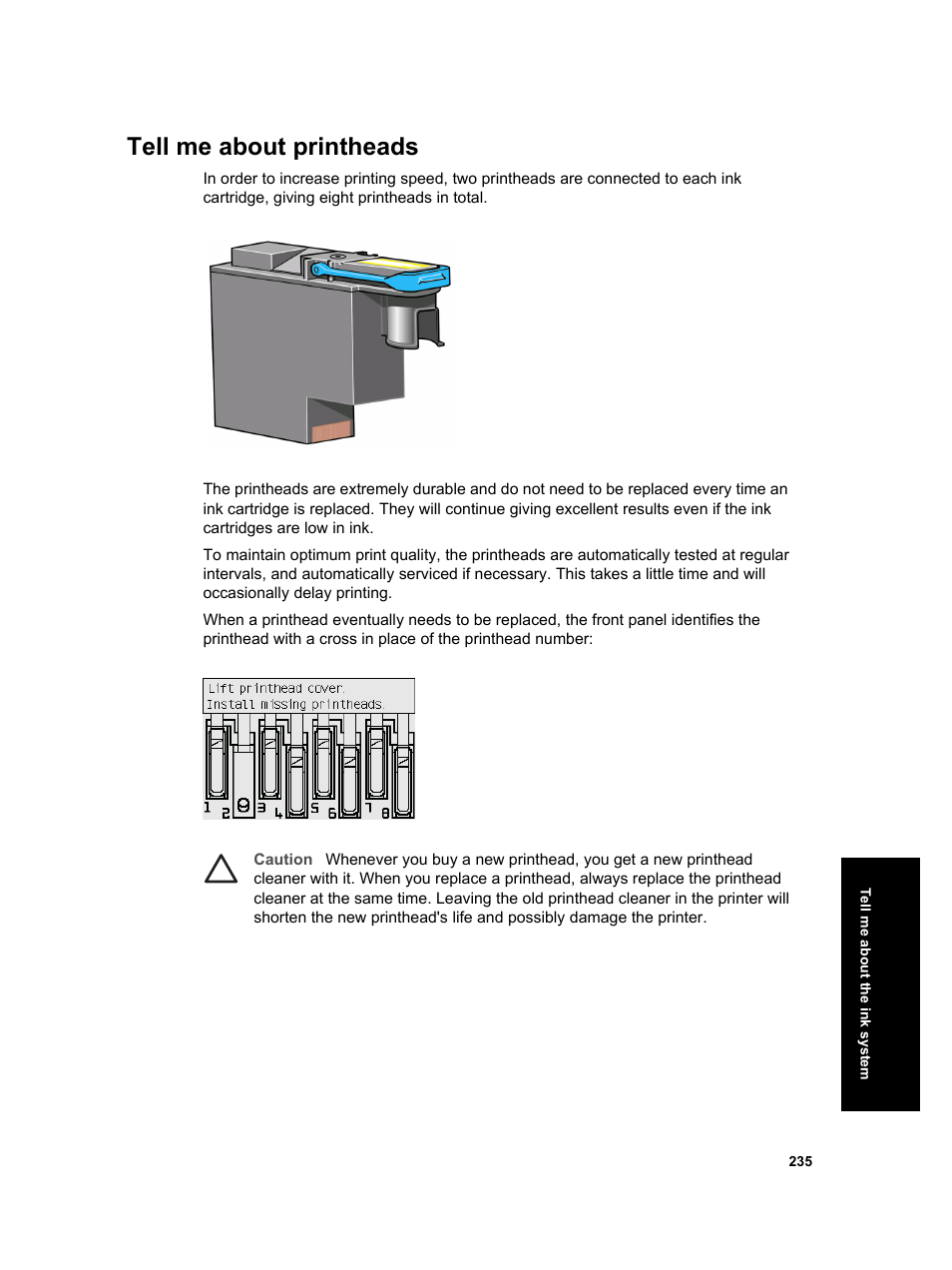 Tell me about printheads | HP Designjet 4000 Printer series User Manual | Page 237 / 268