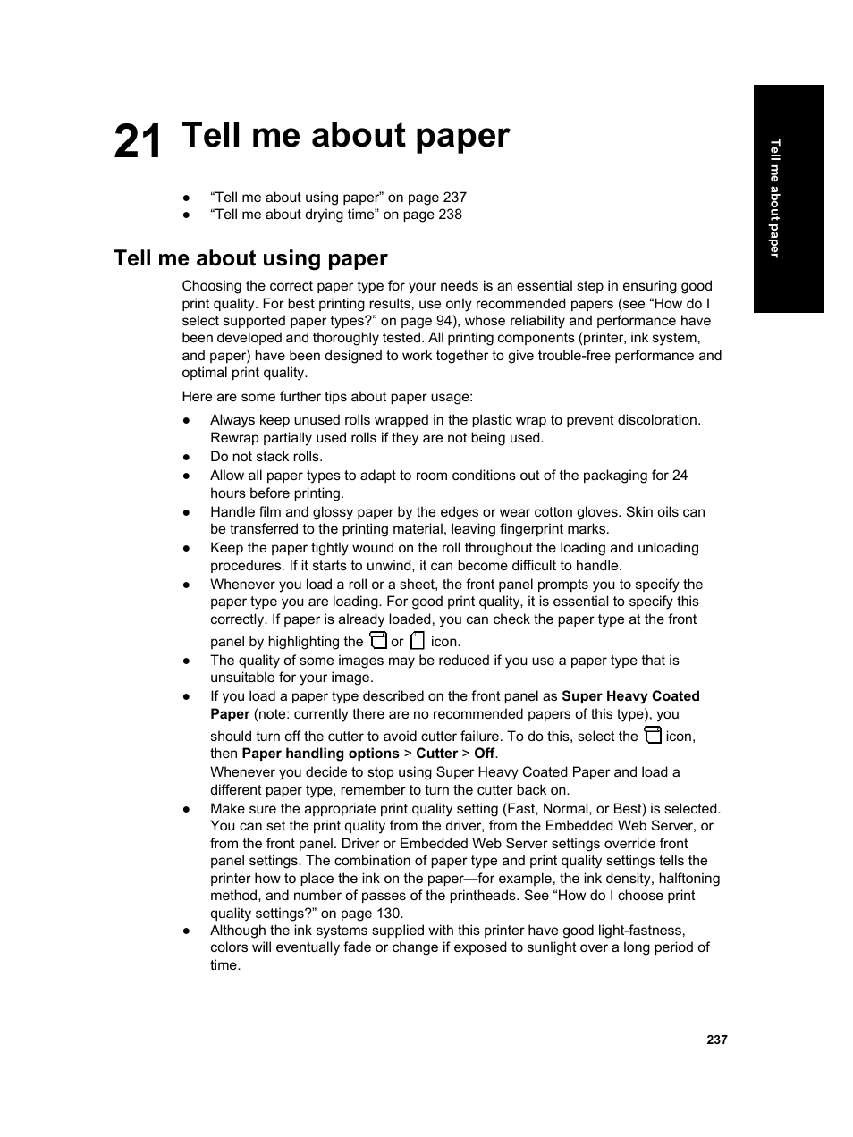 Tell me about paper, Tell me about using paper | HP Designjet 4000 Printer series User Manual | Page 239 / 268