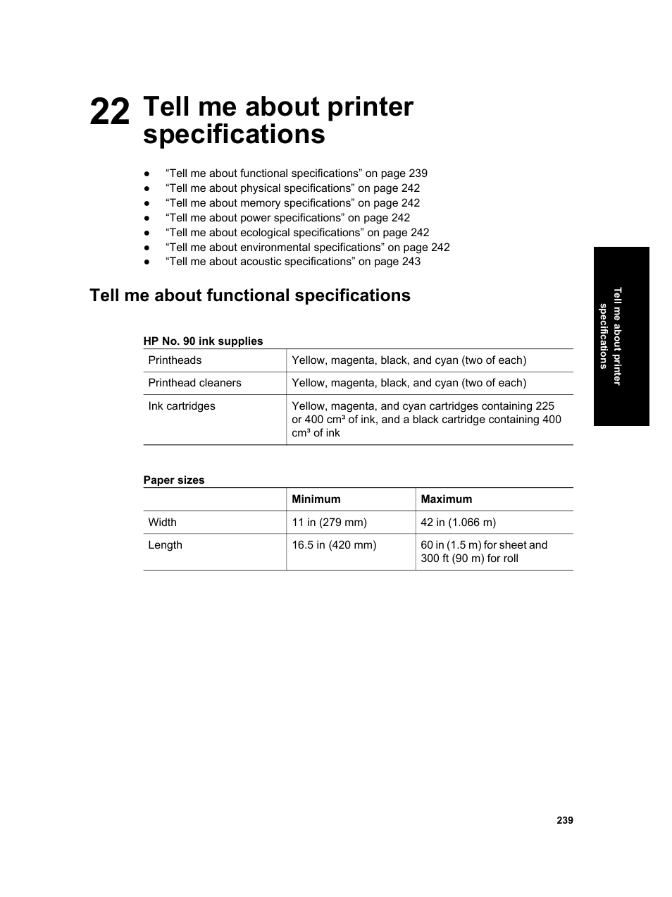 Tell me about printer specifications, Tell me about functional specifications | HP Designjet 4000 Printer series User Manual | Page 241 / 268