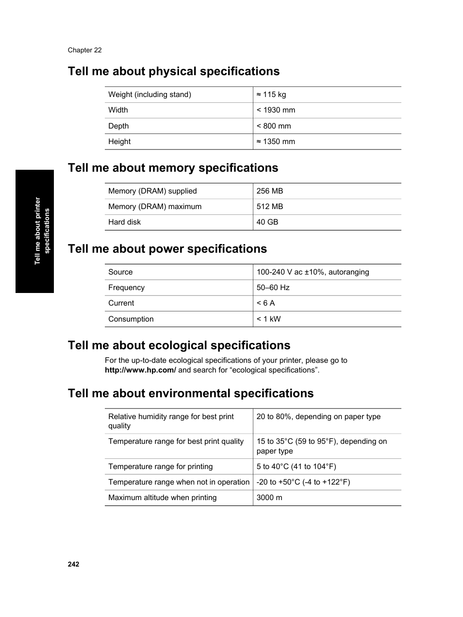 Tell me about physical specifications, Tell me about power specifications, Tell me about ecological specifications | Tell me about environmental specifications | HP Designjet 4000 Printer series User Manual | Page 244 / 268