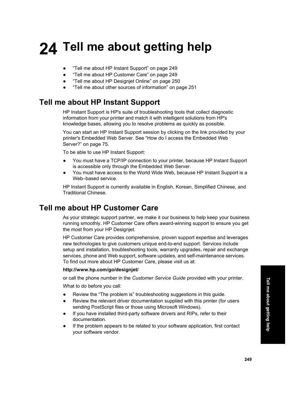 Tell me about getting help, Tell me about hp instant support, Tell me about hp customer care | HP Designjet 4000 Printer series User Manual | Page 251 / 268