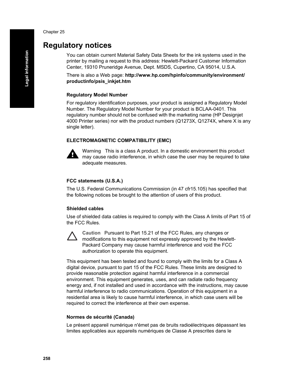 Regulatory notices | HP Designjet 4000 Printer series User Manual | Page 260 / 268