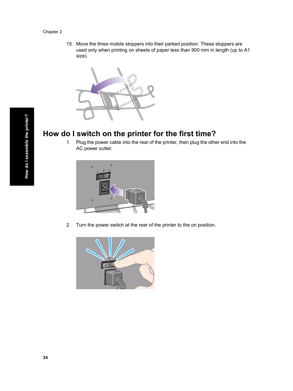 How do i switch on the printer for the first time | HP Designjet 4000 Printer series User Manual | Page 36 / 268