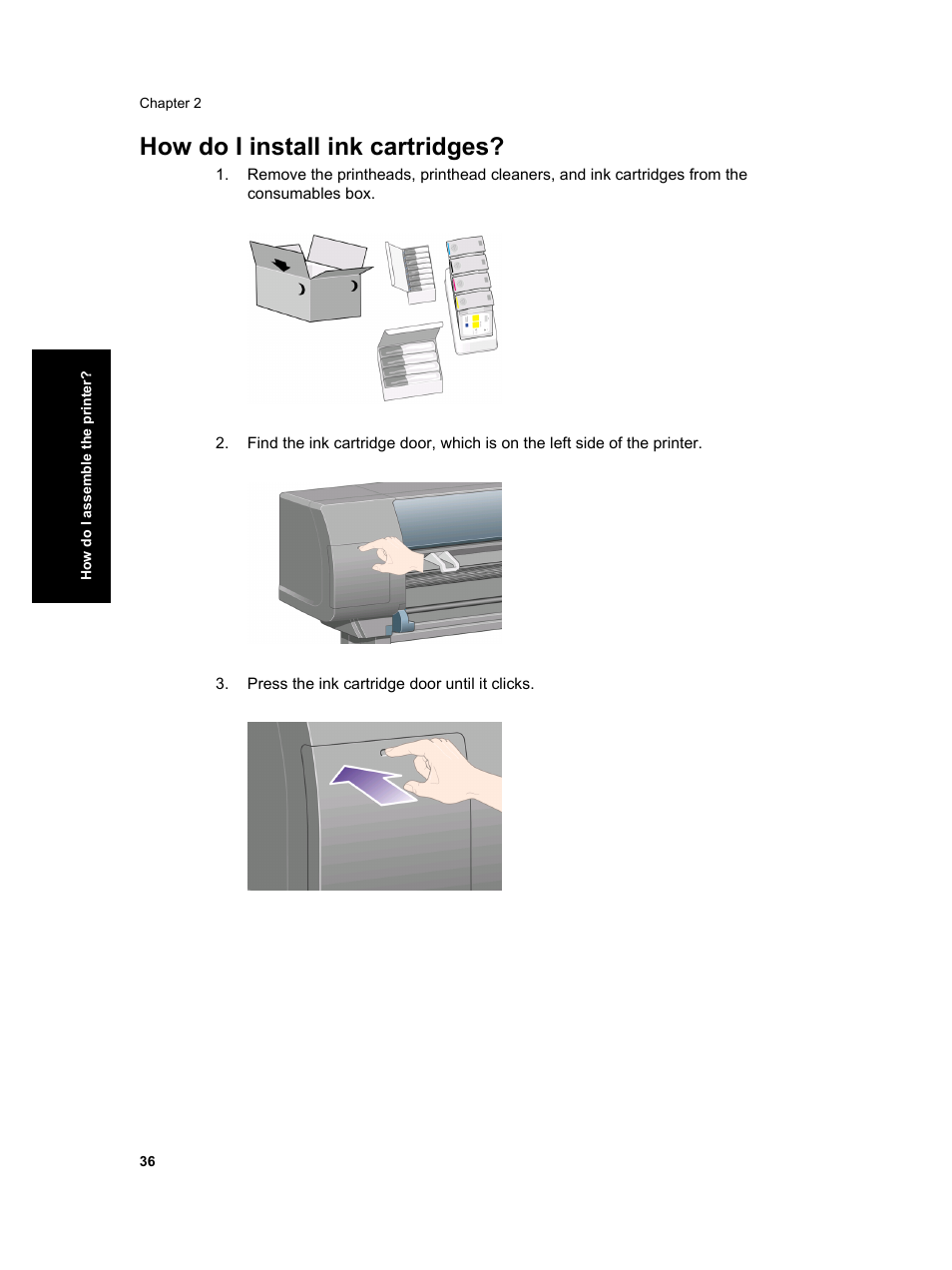 How do i install ink cartridges | HP Designjet 4000 Printer series User Manual | Page 38 / 268