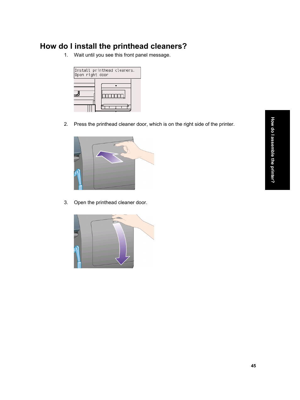 How do i install the printhead cleaners | HP Designjet 4000 Printer series User Manual | Page 47 / 268