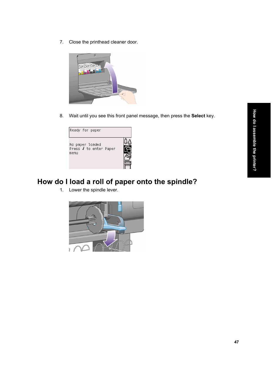 How do i load a roll of paper onto the spindle | HP Designjet 4000 Printer series User Manual | Page 49 / 268