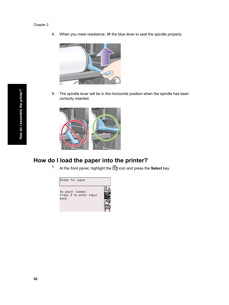 How do i load the paper into the printer | HP Designjet 4000 Printer series User Manual | Page 52 / 268