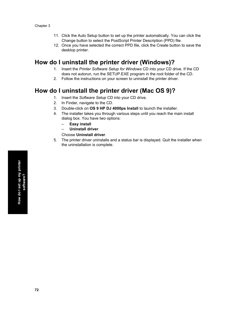 How do i uninstall the printer driver (windows), How do i uninstall the printer driver (mac os 9) | HP Designjet 4000 Printer series User Manual | Page 74 / 268