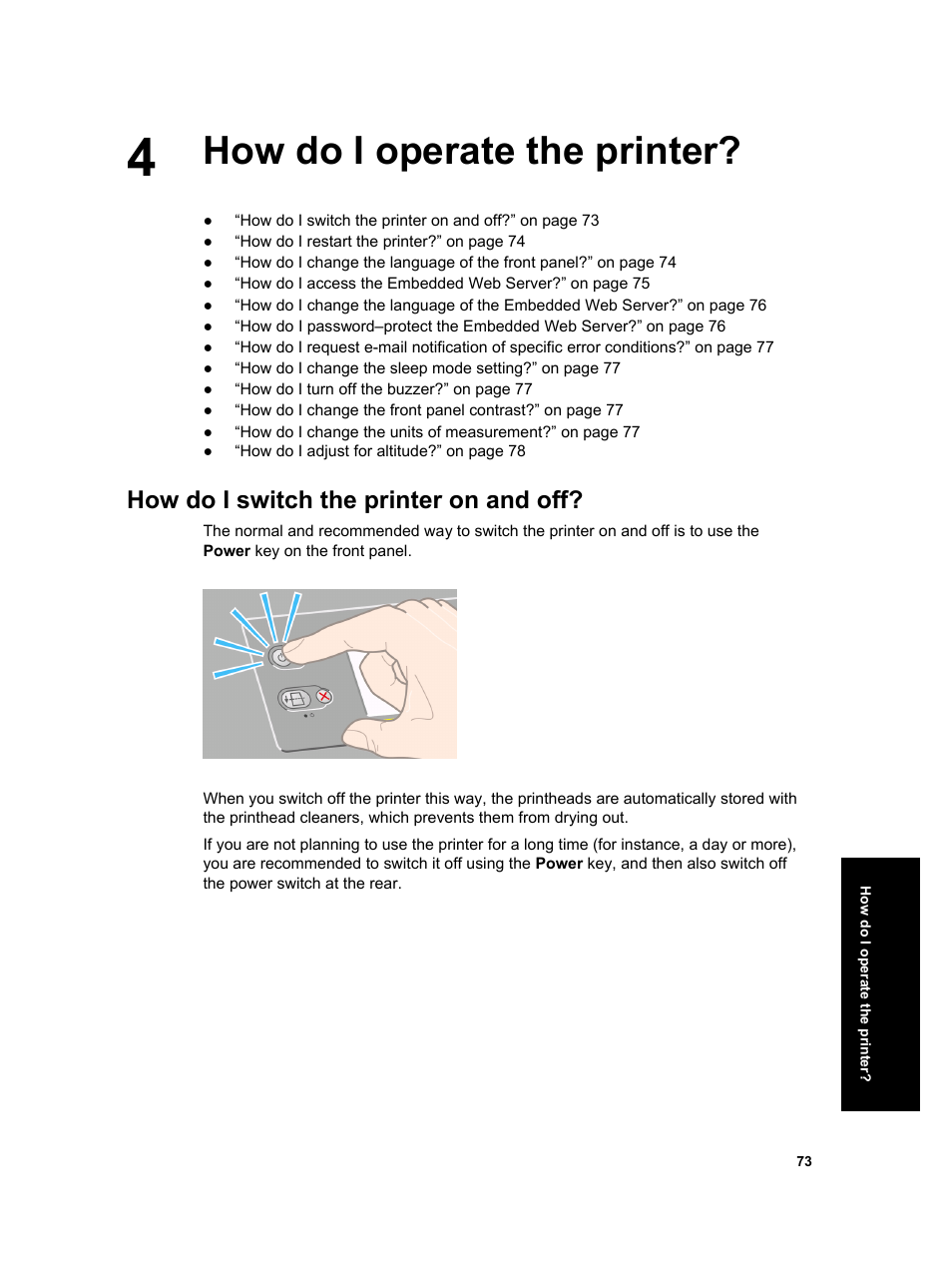 How do i operate the printer, How do i switch the printer on and off | HP Designjet 4000 Printer series User Manual | Page 75 / 268