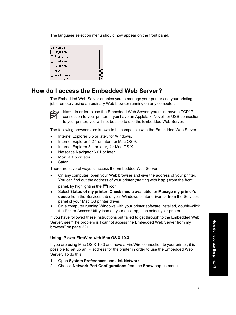 How do i access the embedded web server | HP Designjet 4000 Printer series User Manual | Page 77 / 268