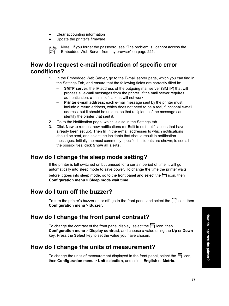 How do i change the sleep mode setting, How do i turn off the buzzer, How do i change the front panel contrast | How do i change the units of measurement | HP Designjet 4000 Printer series User Manual | Page 79 / 268