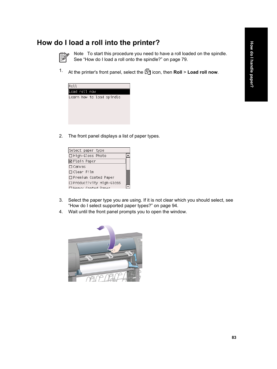 How do i load a roll into the printer | HP Designjet 4000 Printer series User Manual | Page 85 / 268