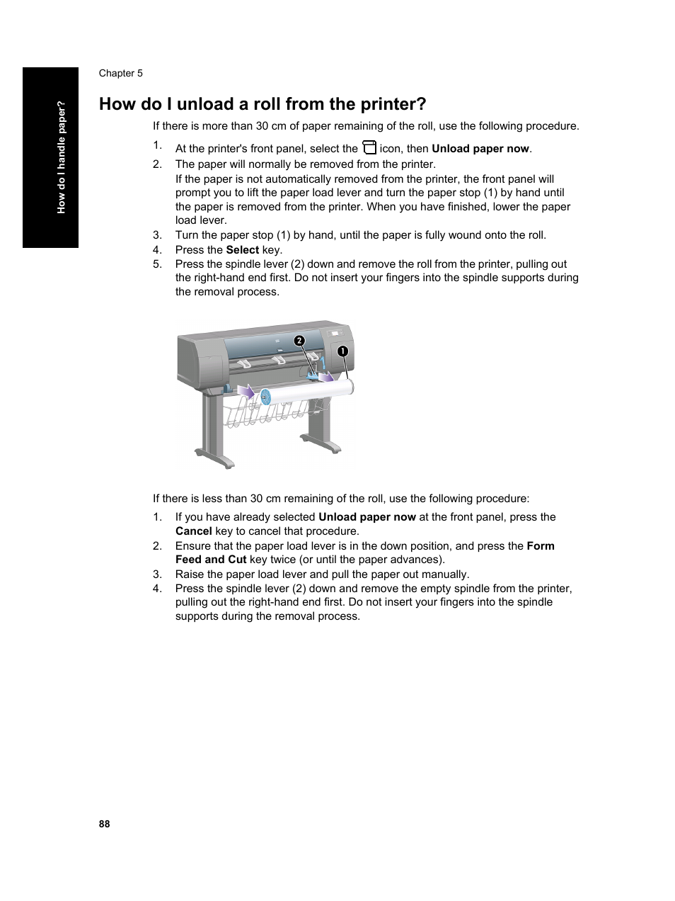 How do i unload a roll from the printer | HP Designjet 4000 Printer series User Manual | Page 90 / 268