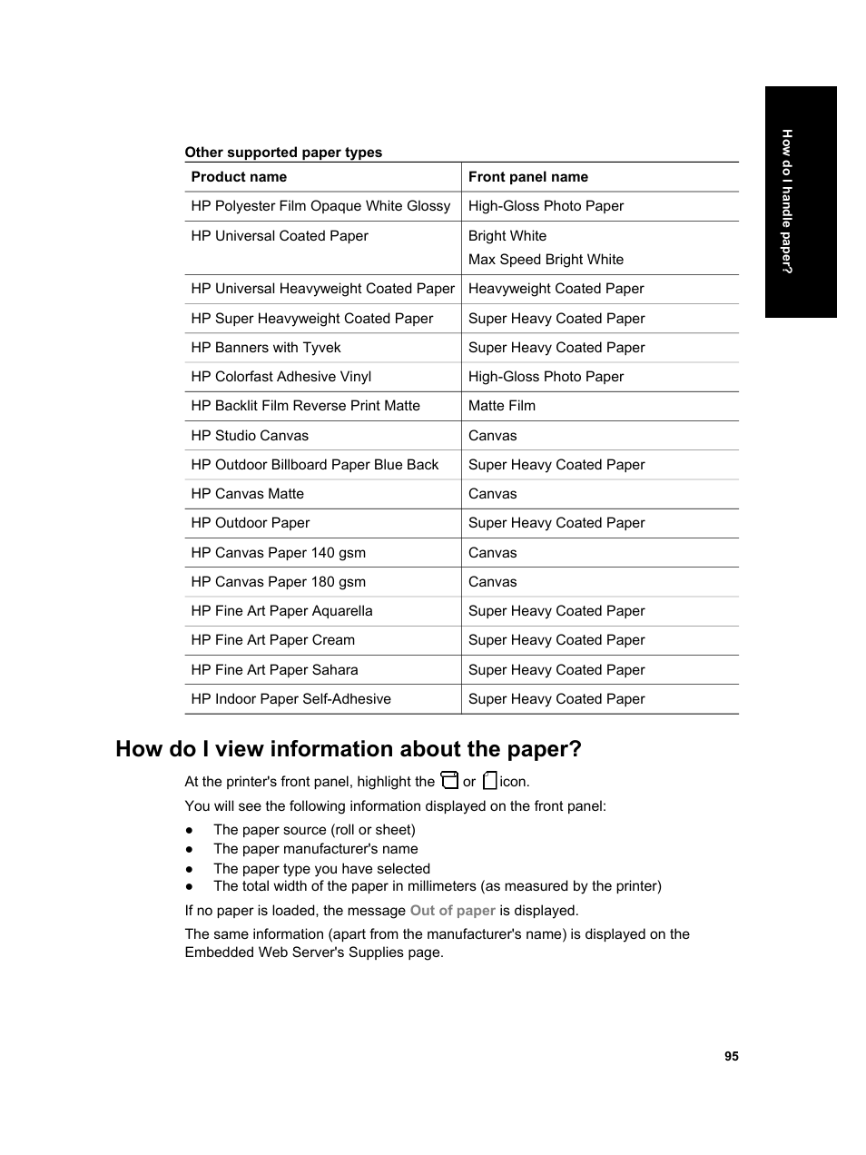 How do i view information about the paper | HP Designjet 4000 Printer series User Manual | Page 97 / 268