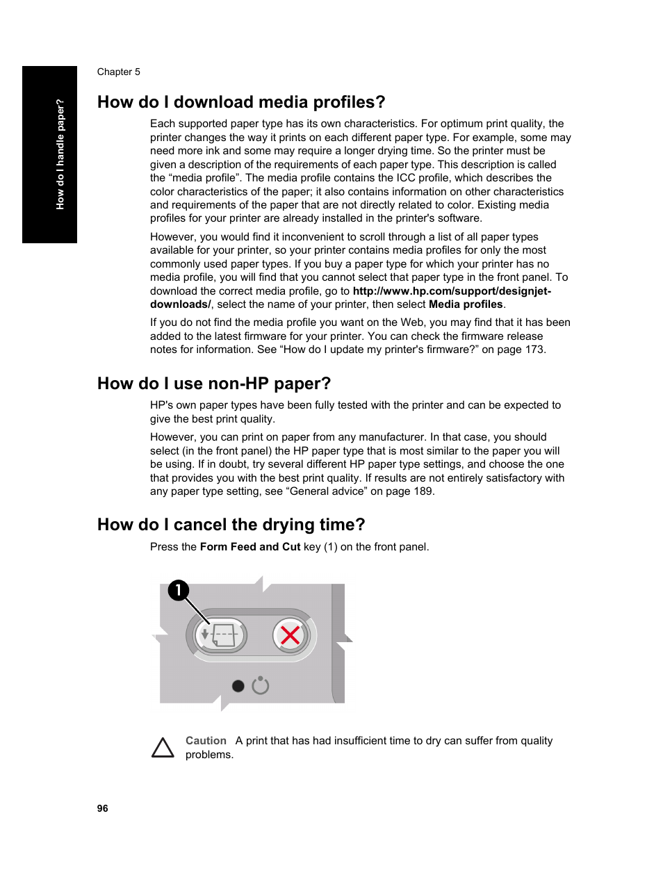 How do i download media profiles, How do i use non-hp paper, How do i cancel the drying time | HP Designjet 4000 Printer series User Manual | Page 98 / 268