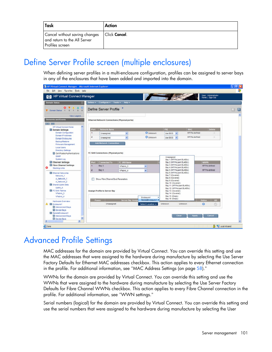Define server profile screen (multiple enclosures), Advanced profile settings | HP Virtual Connect 4Gb Fibre Channel Module for c-Class BladeSystem User Manual | Page 101 / 158
