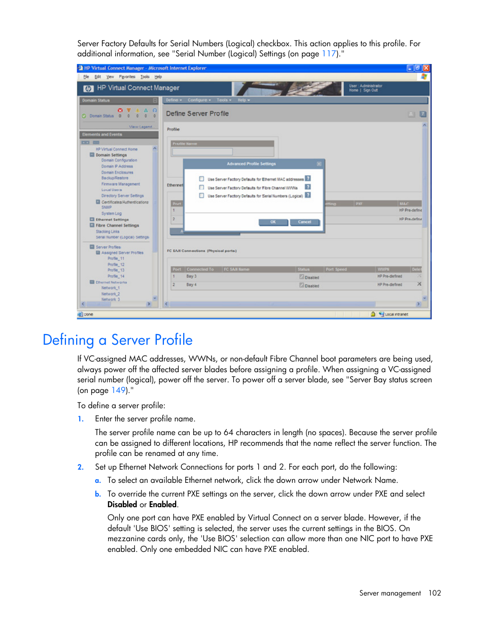 Defining a server profile | HP Virtual Connect 4Gb Fibre Channel Module for c-Class BladeSystem User Manual | Page 102 / 158