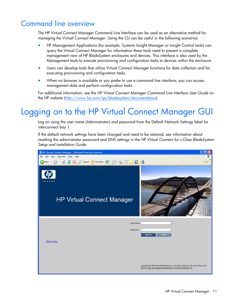 Command line overview, Logging on to the hp virtual connect manager gui | HP Virtual Connect 4Gb Fibre Channel Module for c-Class BladeSystem User Manual | Page 11 / 158