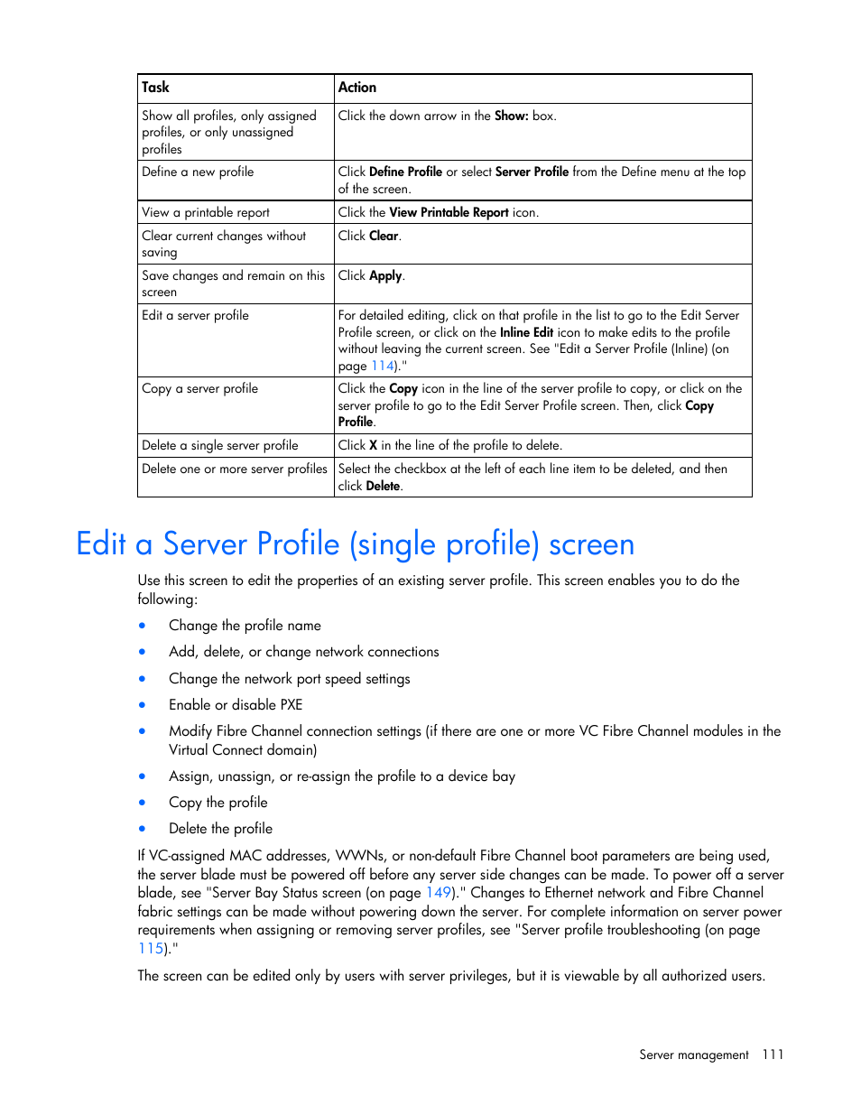 Edit a server profile (single profile) screen | HP Virtual Connect 4Gb Fibre Channel Module for c-Class BladeSystem User Manual | Page 111 / 158