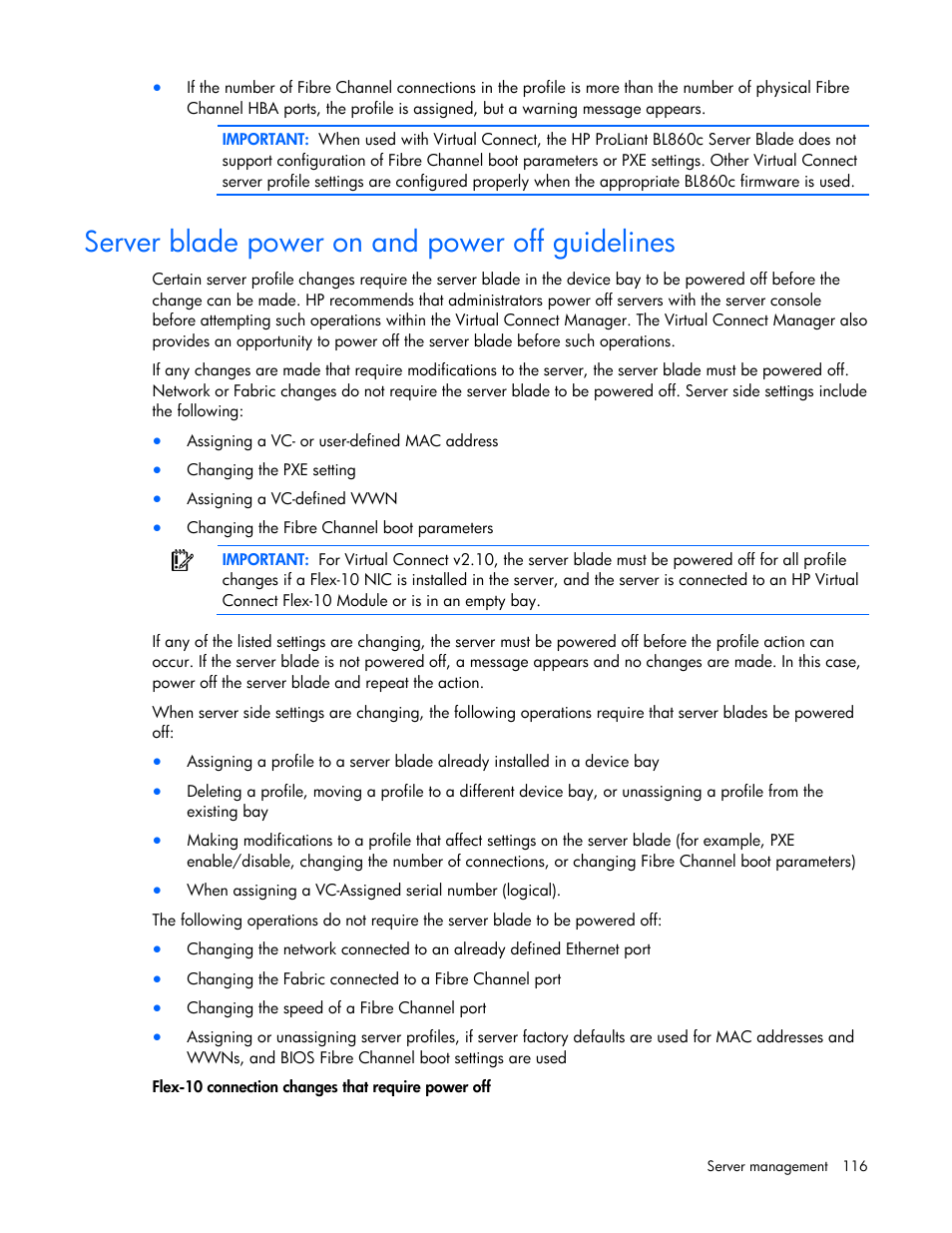 Server blade power on and power off guidelines | HP Virtual Connect 4Gb Fibre Channel Module for c-Class BladeSystem User Manual | Page 116 / 158