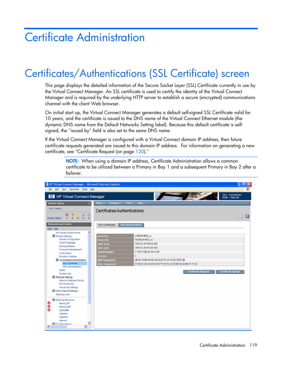 Certificate administration | HP Virtual Connect 4Gb Fibre Channel Module for c-Class BladeSystem User Manual | Page 119 / 158