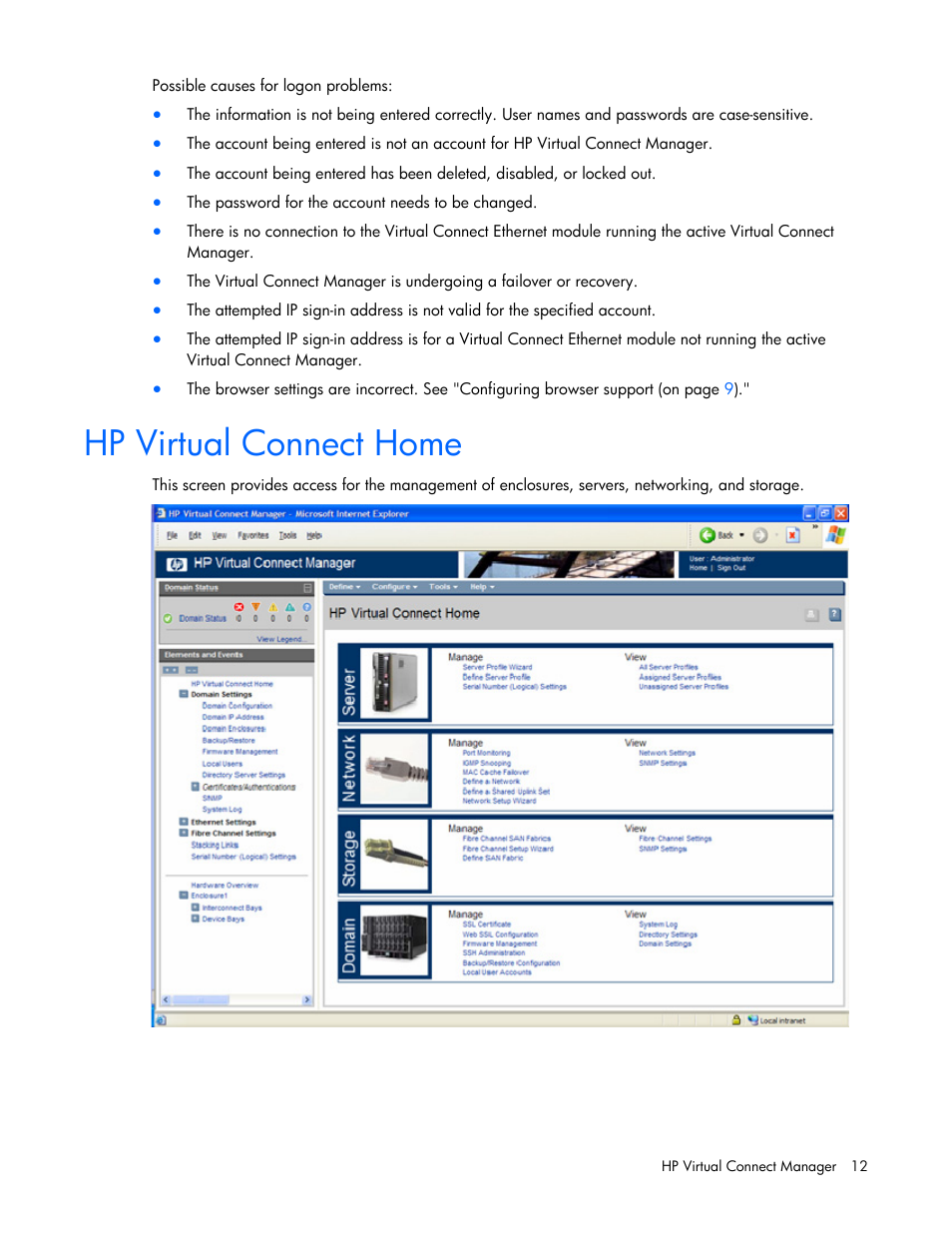 Hp virtual connect home | HP Virtual Connect 4Gb Fibre Channel Module for c-Class BladeSystem User Manual | Page 12 / 158