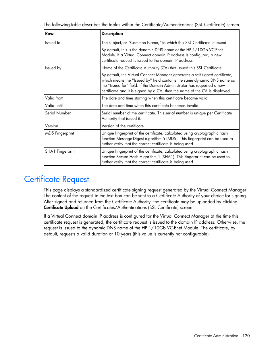 Certificate request | HP Virtual Connect 4Gb Fibre Channel Module for c-Class BladeSystem User Manual | Page 120 / 158