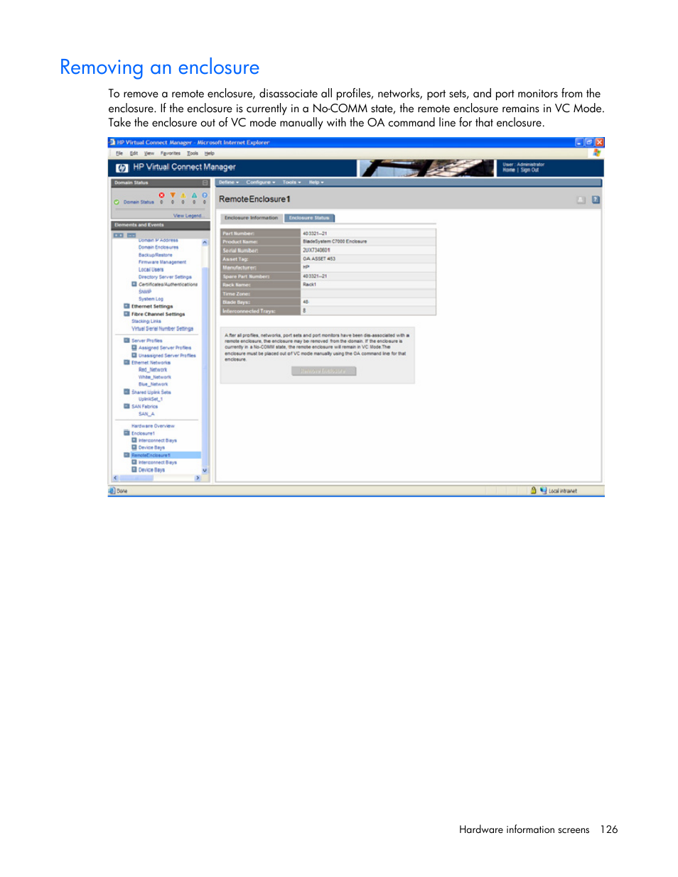 Removing an enclosure | HP Virtual Connect 4Gb Fibre Channel Module for c-Class BladeSystem User Manual | Page 126 / 158