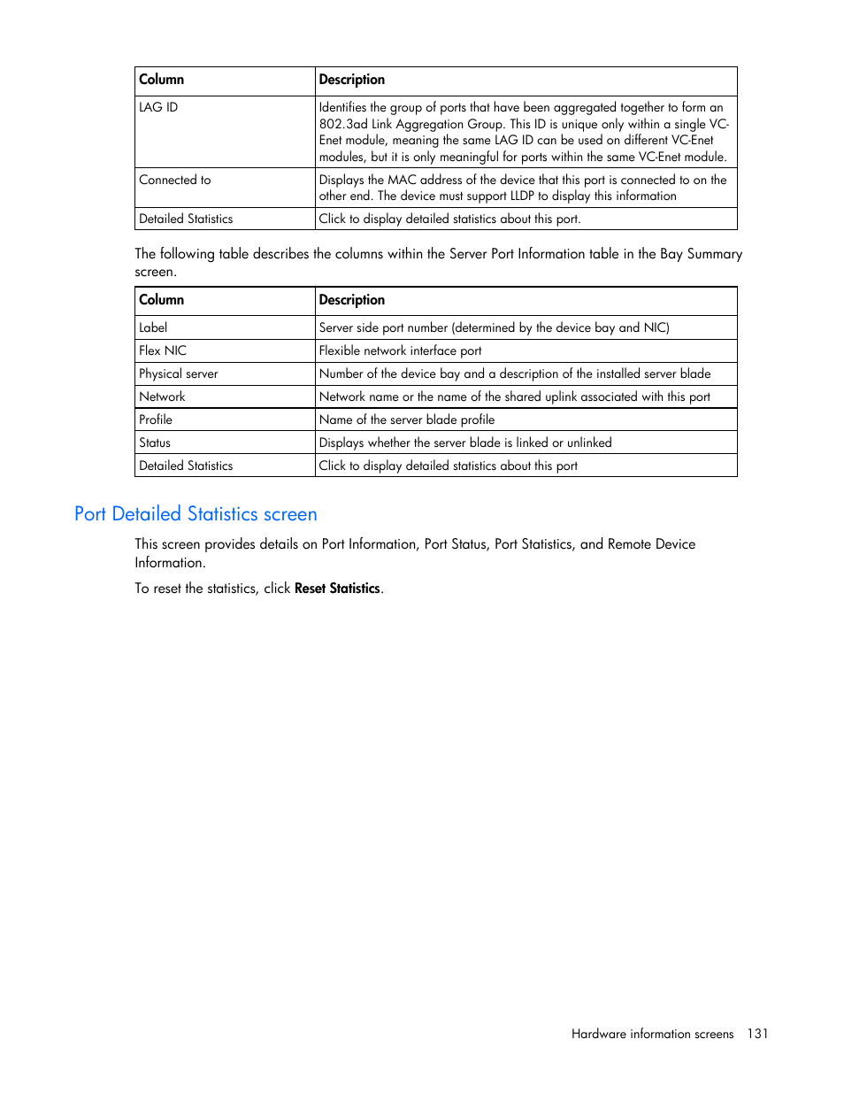 Port detailed statistics screen | HP Virtual Connect 4Gb Fibre Channel Module for c-Class BladeSystem User Manual | Page 131 / 158
