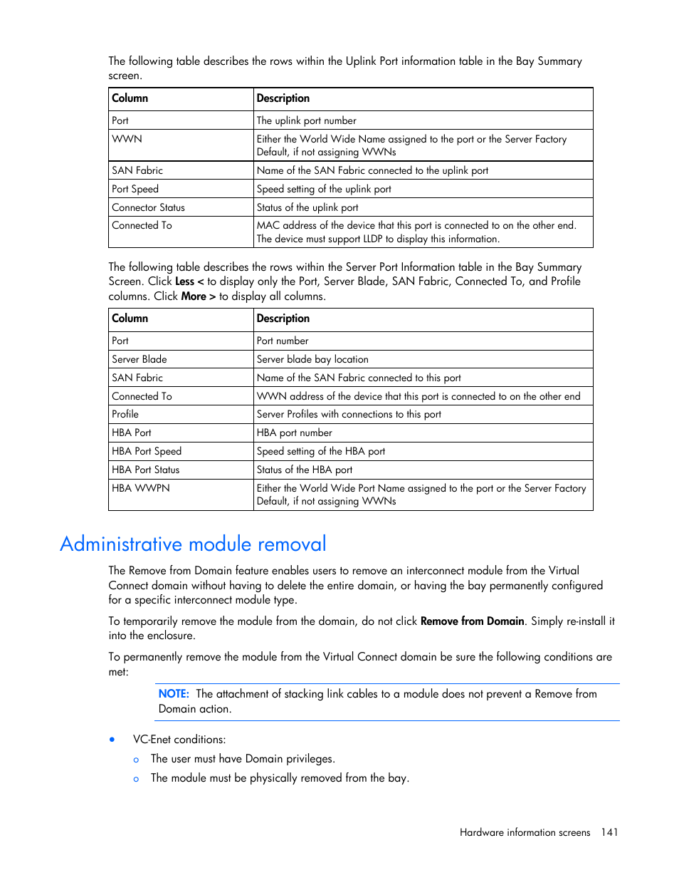 Administrative module removal | HP Virtual Connect 4Gb Fibre Channel Module for c-Class BladeSystem User Manual | Page 141 / 158