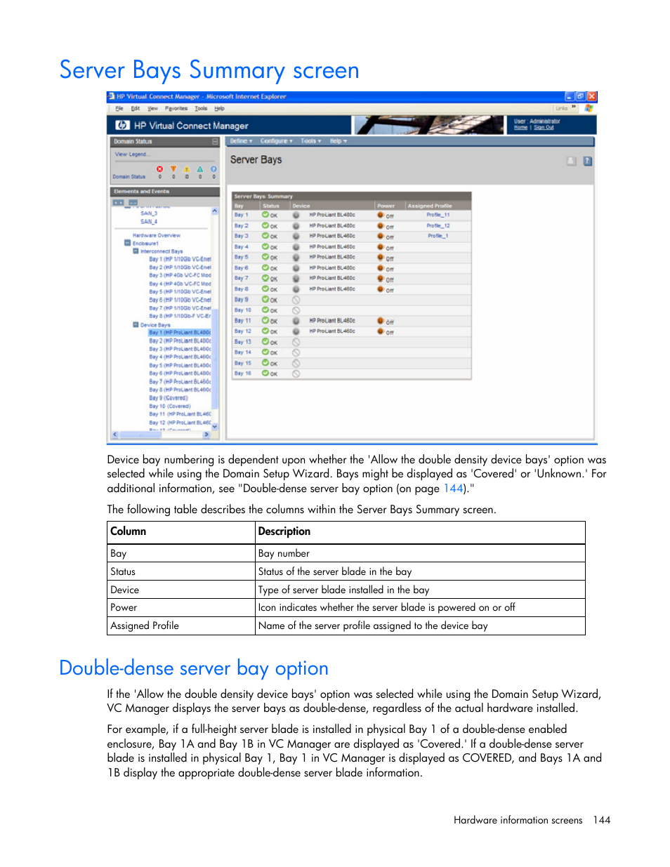 Server bays summary screen, Double-dense server bay option | HP Virtual Connect 4Gb Fibre Channel Module for c-Class BladeSystem User Manual | Page 144 / 158