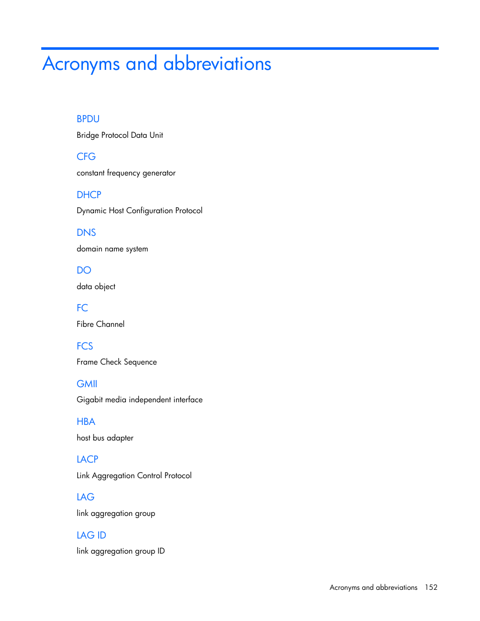 Acronyms and abbreviations | HP Virtual Connect 4Gb Fibre Channel Module for c-Class BladeSystem User Manual | Page 152 / 158