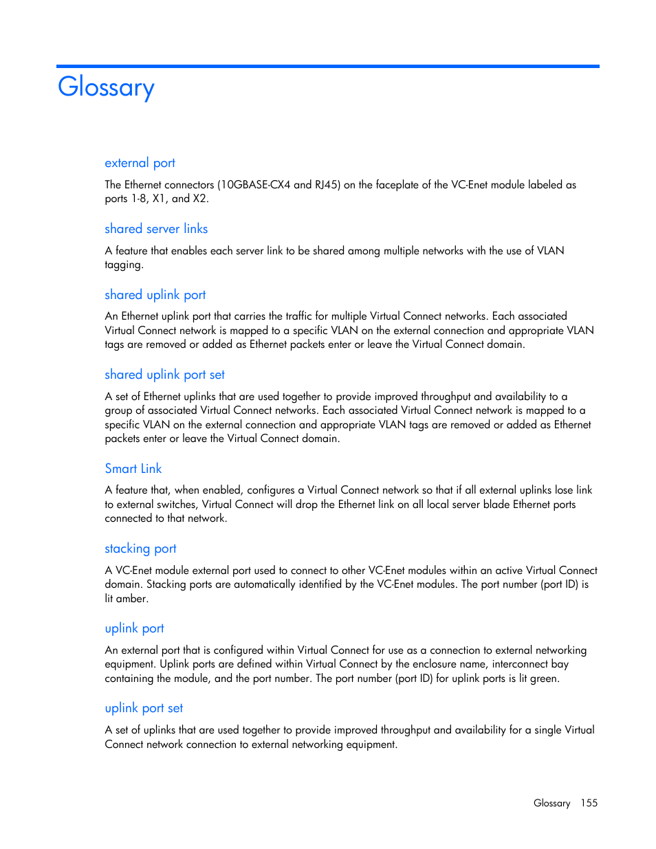 Glossary | HP Virtual Connect 4Gb Fibre Channel Module for c-Class BladeSystem User Manual | Page 155 / 158