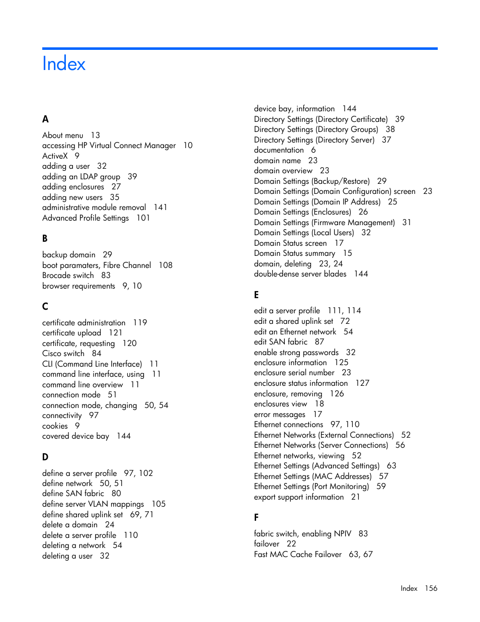 Index | HP Virtual Connect 4Gb Fibre Channel Module for c-Class BladeSystem User Manual | Page 156 / 158