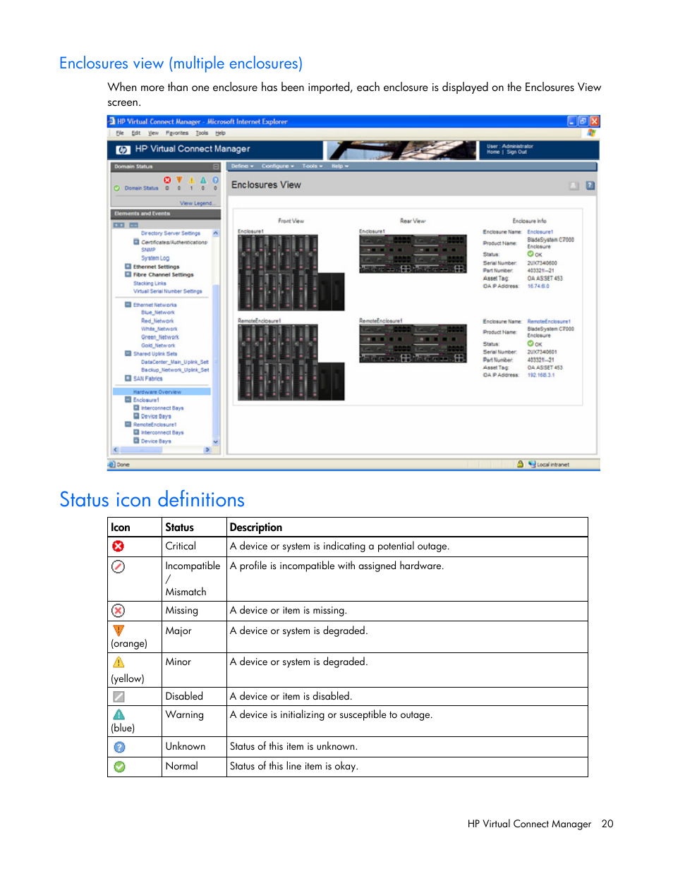 Enclosures view (multiple enclosures), Status icon definitions | HP Virtual Connect 4Gb Fibre Channel Module for c-Class BladeSystem User Manual | Page 20 / 158