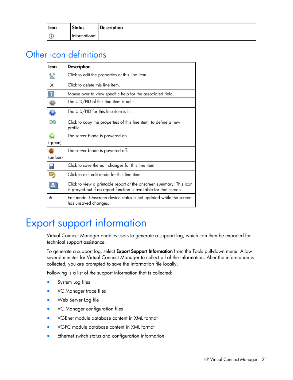 Other icon definitions, Export support information, Support log | HP Virtual Connect 4Gb Fibre Channel Module for c-Class BladeSystem User Manual | Page 21 / 158