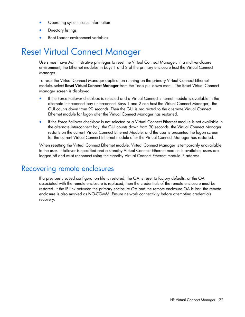 Reset virtual connect manager, Recovering remote enclosures | HP Virtual Connect 4Gb Fibre Channel Module for c-Class BladeSystem User Manual | Page 22 / 158