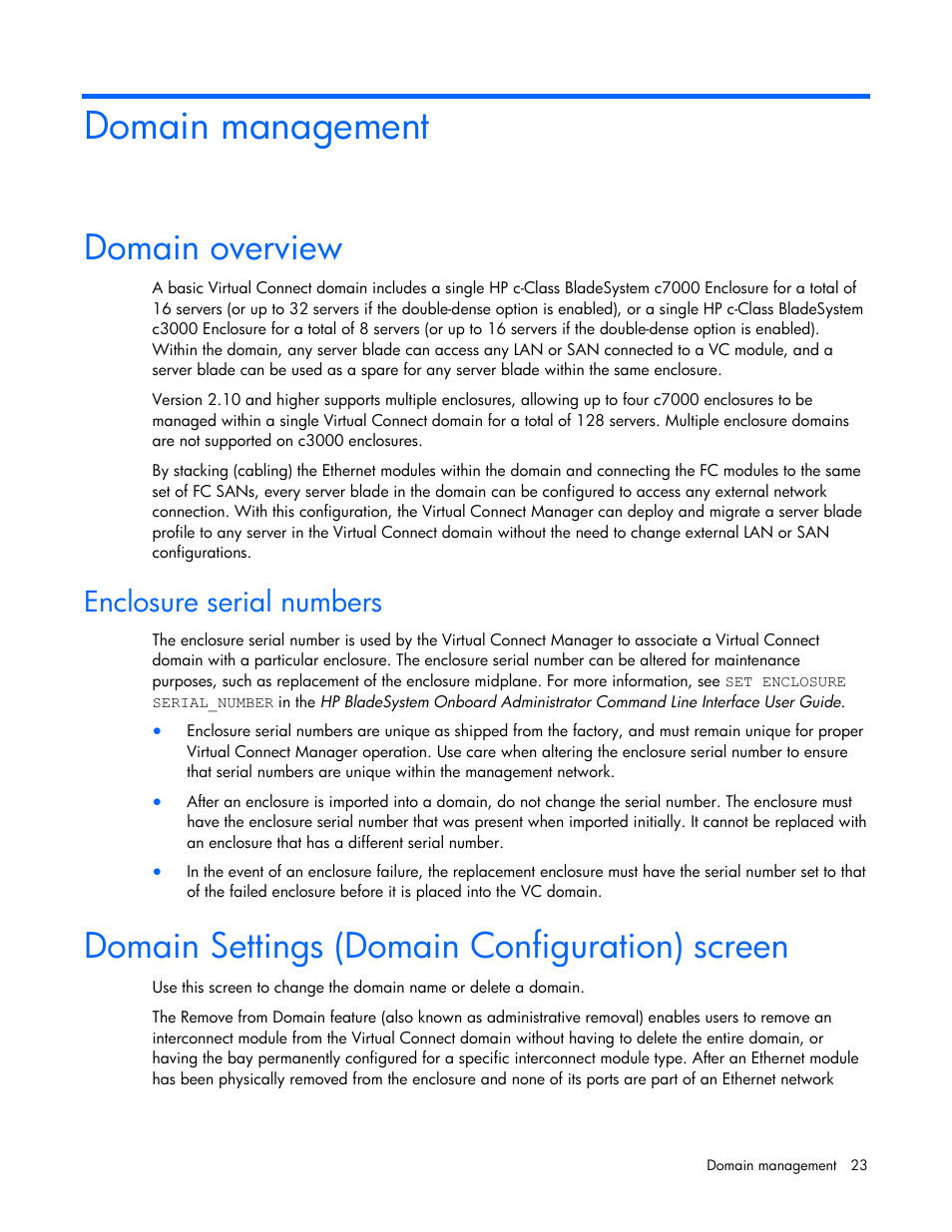 Domain management, Domain overview, Enclosure serial numbers | Domain settings (domain configuration) screen | HP Virtual Connect 4Gb Fibre Channel Module for c-Class BladeSystem User Manual | Page 23 / 158