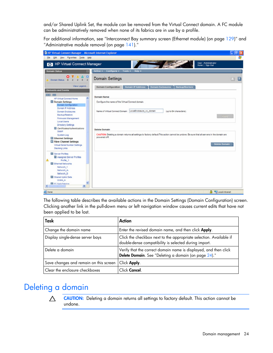 Deleting a domain | HP Virtual Connect 4Gb Fibre Channel Module for c-Class BladeSystem User Manual | Page 24 / 158