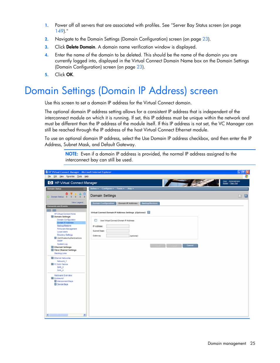 Domain settings (domain ip address) screen | HP Virtual Connect 4Gb Fibre Channel Module for c-Class BladeSystem User Manual | Page 25 / 158