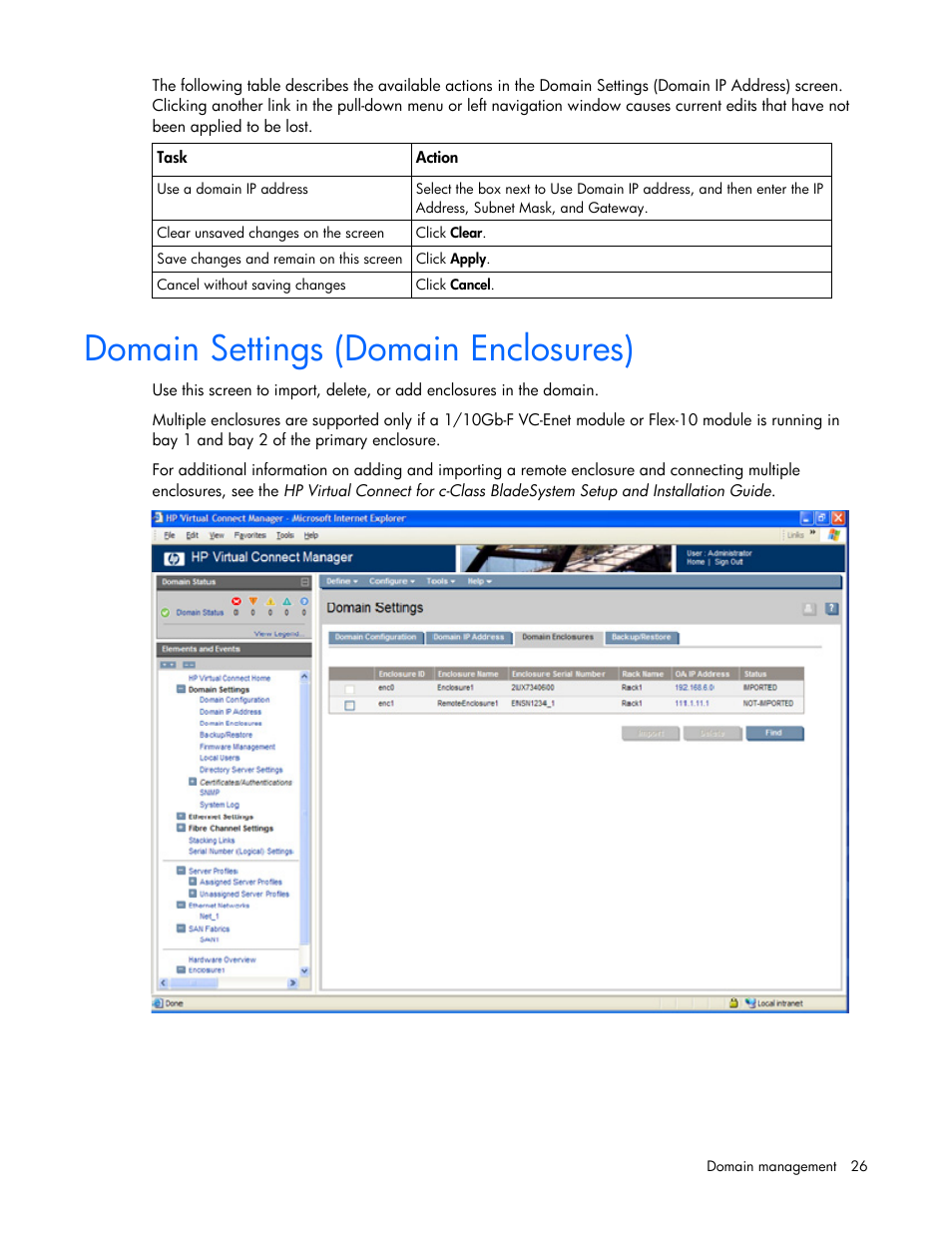 Domain settings (domain enclosures), Adding and importing a remote enclosure | HP Virtual Connect 4Gb Fibre Channel Module for c-Class BladeSystem User Manual | Page 26 / 158