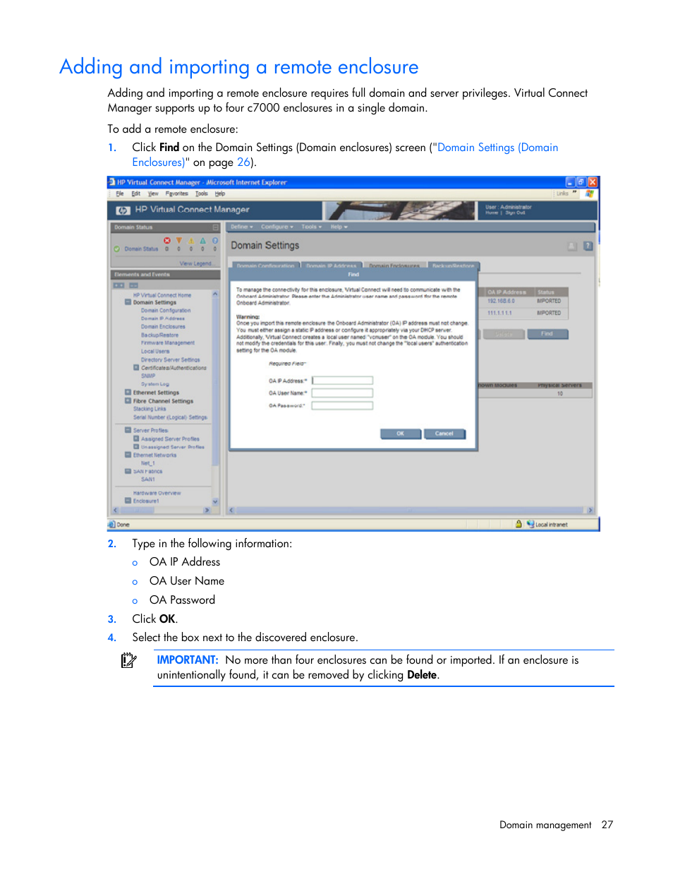 Adding and importing a remote enclosure | HP Virtual Connect 4Gb Fibre Channel Module for c-Class BladeSystem User Manual | Page 27 / 158