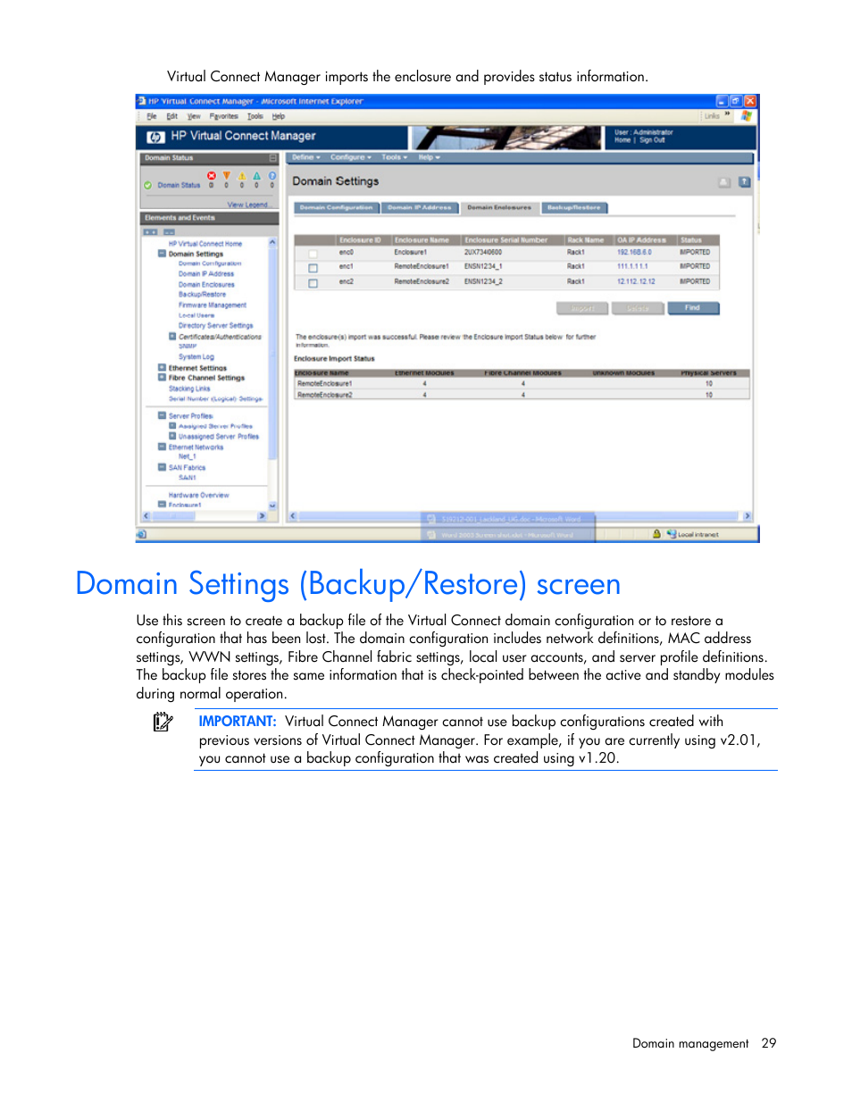 Domain settings (backup/restore) screen | HP Virtual Connect 4Gb Fibre Channel Module for c-Class BladeSystem User Manual | Page 29 / 158