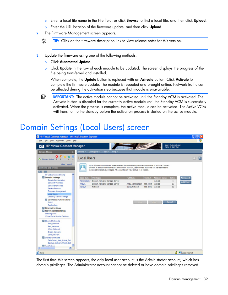 Domain settings (local users) screen | HP Virtual Connect 4Gb Fibre Channel Module for c-Class BladeSystem User Manual | Page 32 / 158