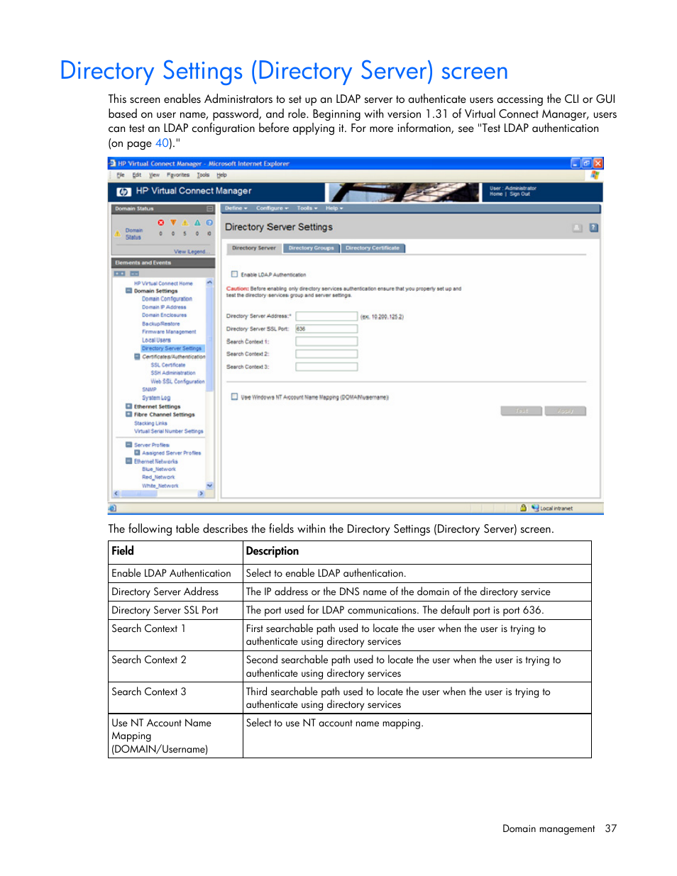 Directory settings (directory server) screen | HP Virtual Connect 4Gb Fibre Channel Module for c-Class BladeSystem User Manual | Page 37 / 158