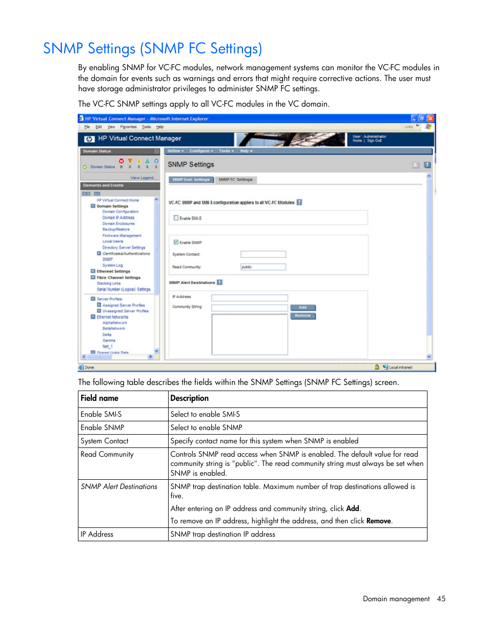 Snmp settings (snmp fc settings) | HP Virtual Connect 4Gb Fibre Channel Module for c-Class BladeSystem User Manual | Page 45 / 158