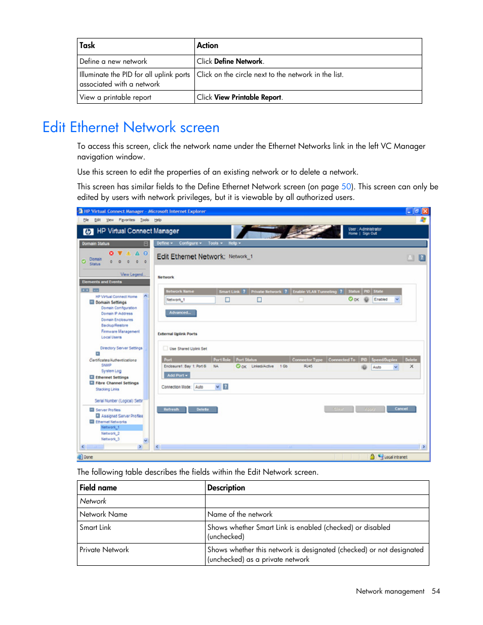 Edit ethernet network screen | HP Virtual Connect 4Gb Fibre Channel Module for c-Class BladeSystem User Manual | Page 54 / 158